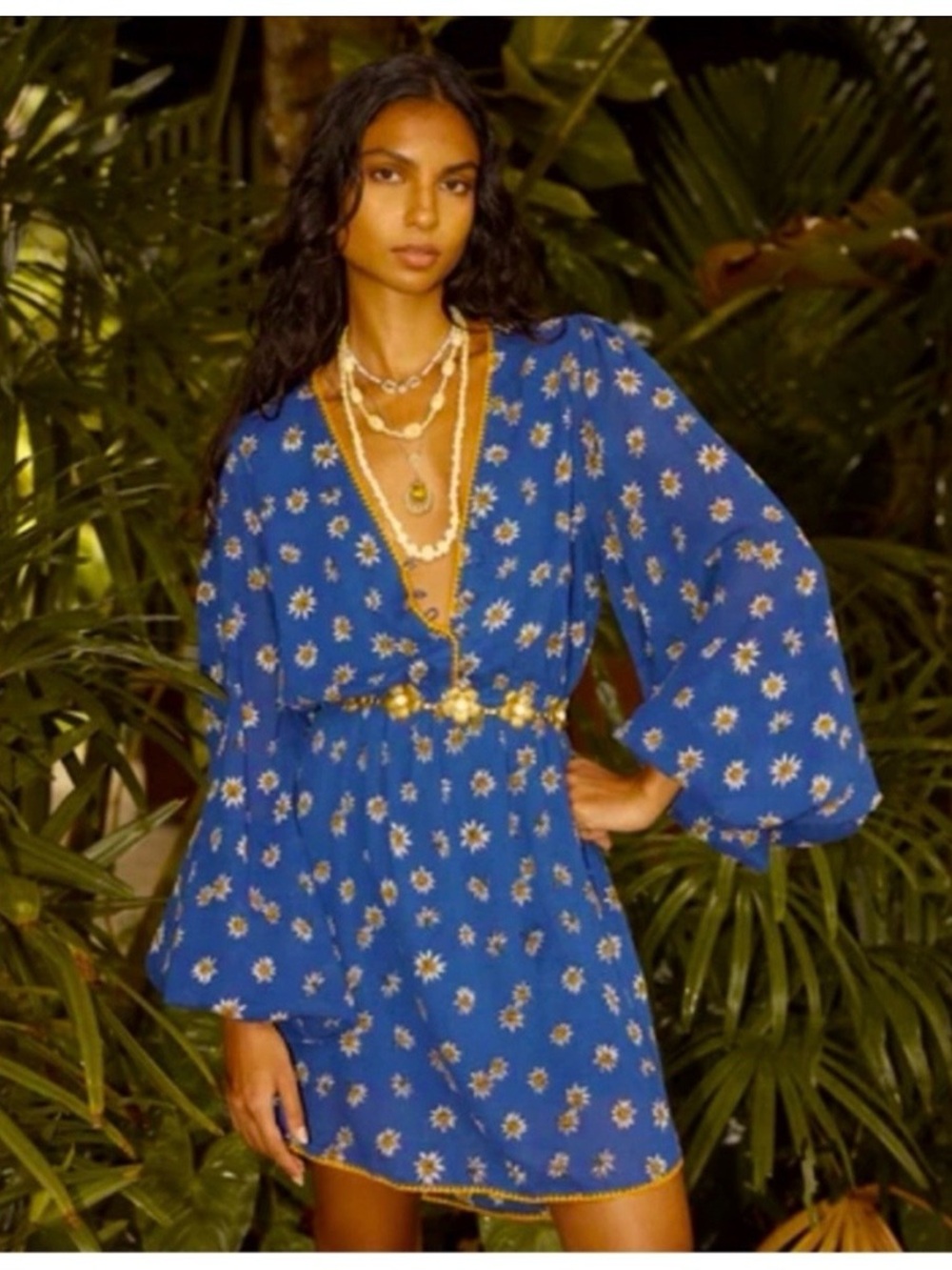 Chasing Unicorns Blue and Yellow Resort Dress with Plunge Neckline. RARE